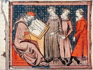 7IT-D1-11266613ORIGINAL:Eginhard the Historian recording the life of Charlemagne, miniature from the Great Chronicles of France Manuscript 5 folio 100 recto, France 14th Century.